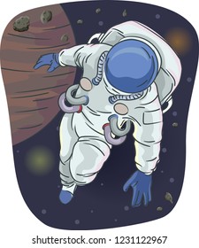 Illustration of an Astronaut Wearing Space Suit Floating in the Outer Space