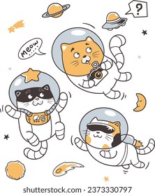 Illustration the astronauts cats doodle art, cats doodle series