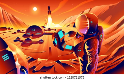 An illustration of astronauts are exploring on the cliff near their base on Mars. Mars colonization.