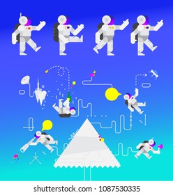 Illustration of astronauts in space. The characters of the astronauts for animation. Vector illustration. Flat style. Image for the site and print.