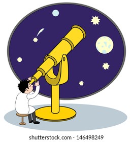 Illustration astronomer looking through a telescope at the stars