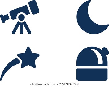 Illustration of astronomical tools and celestial symbols, showcasing a telescope, crescent moon, shooting star, and observatory dome against a simple background