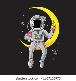 illustration of an astronout holding pizza and ice cream, chill space