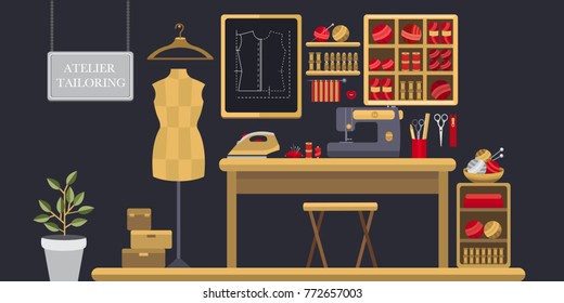 Illustration Atelier tailoring. Collection of elements for knitting and sewing. Set of objects: knitted ball, sewing machine, mannequin, thread, iron, button, needles, hanger. Handmade theme.
