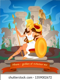 Illustration Athena Goddess of Victorious War. Vector Flat Cartoon against Backdrop Monuments Greek Culture. Woman Athletic Folded Sitting on Throne, Leaning on Shield and Holding Spear.