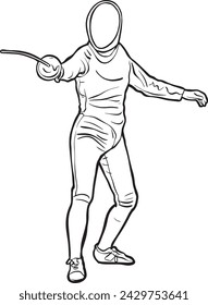 Illustration of an athlete in fencing attire holding a foil, poised for competition 