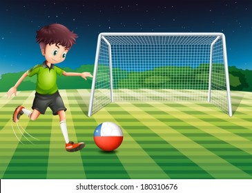 Illustration of an athlete kicking the ball with the flag of Chile
