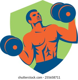 Illustration of a athlete muscle-up strongman lifting dumbbells looking up facing front set inside shield crest done in retro style on isolated background.
