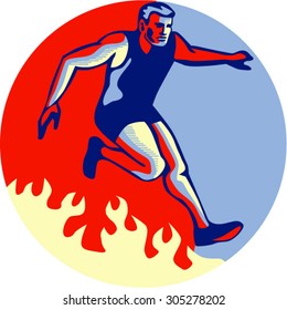 Illustration of an athlete in obstacle course racing jumping over fire set inside circle done in retro style.