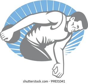 Illustration of an athlete throwing discus throw viewed from side done in retro style inside ellipse with sunburst.