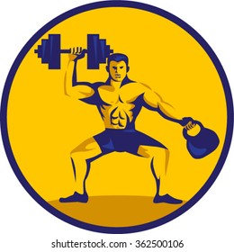 Illustration of an athlete weightlifter lifting kettlebell with one hand and dumbbell on the other hand facing front set inside circle on isolated background done in retro style.