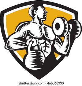 Illustration of an athlete weightlifter lifting kettlebell with one hand and pumping dumbbell on the other hand facing side set inside shield crest on isolated background done in retro woodcut style.