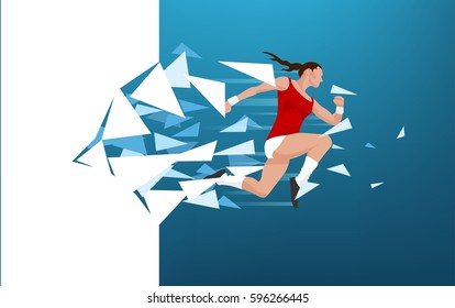 Illustration Of An Athlete Woman Breaking Throug A Wall Symbolizing Reach Of Boundaries, Accomplishment And Success