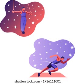 illustration of athletes, gymnast on the rings and runner