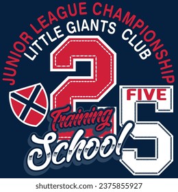 illustration of athletic numbers with gradients, elegant and fashionable contours, textured backgrounds, simulations of embroidered patches, collegiate texts and indigo tones.