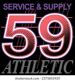 illustration of athletic numbers with gradients, elegant and fashionable contours, textured backgrounds, simulations of embroidered patches, collegiate texts and indigo tones.