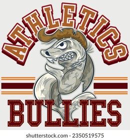 Illustration athletics Bullies College, Shark mascot with punk style, varsity design, sports fashion design. svg