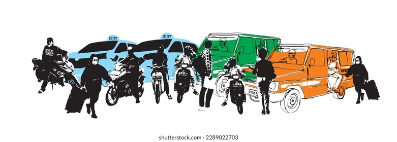 Illustration of the atmosphere of the Angkot and motorcycle taxi bases. (ojeg and angkot are Indonesian terms: short-distance transportation services using motorbikes and small cars)
