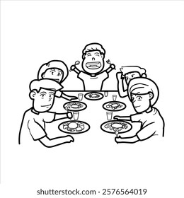 illustration of the atmosphere of breaking the fast in the month of Ramadan, cartoon, black and white, examination, good for visual elements, children's teaching materials, vector format