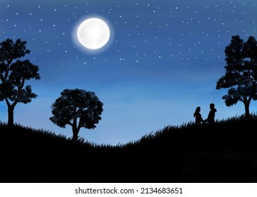 illustration of the atmosphere of a couple in the park at night