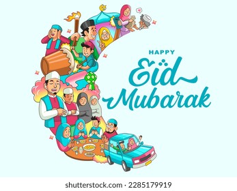 Illustration of the atmosphere of Muslims celebrating Eid al-Fitr happily with their families