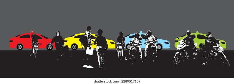 Illustration of the atmosphere of the taxi stand, motorcycle taxi and prospective passengers. (ojeg Indonesian term: short-distance transportation services using motorbikes)