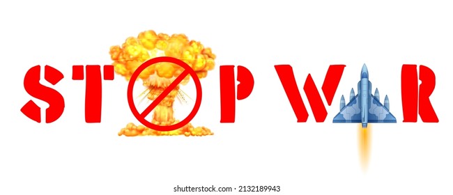 Illustration der atomaren Explosion einer Atombombe mit einem Stoppschild für den Friedenshintergrund, das den Anbruch des Krieges zeigt