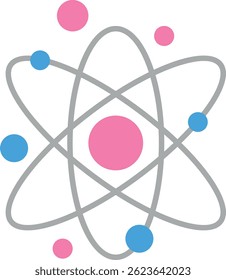 Illustration of an atom with pink and blue electrons orbiting around a pink nucleus, representing atomic structure and scientific concepts.