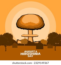 Illustration of an atomic bomb explosion to form a mushroom cloud, with bold text to commemorate Hiroshima Day on August 6