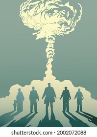Illustration of atomic bomb explosions in Hiroshima and Nagasaki and silhouettes of people. Commemorate Hiroshima Day for the atomic bombing tragedy in August