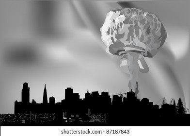 ilustración con la nube de explosión atómica sobre la ciudad