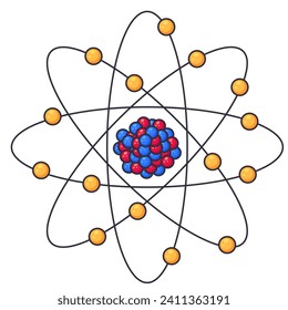 Illustration of atomic structure consisting of protons, neutrons and electrons. Symbol of nuclear energy and molecular chemistry.