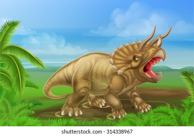 An illustration of atriceratops dinosaur in a prehistoric background