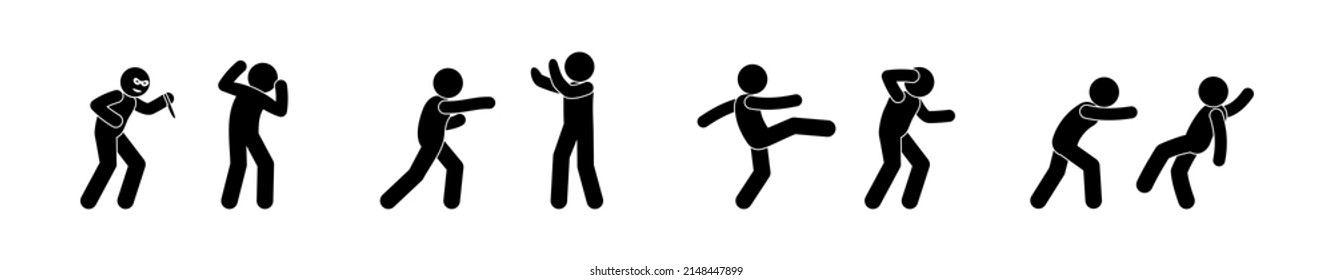 illustration attack on people, aggressive evil bandit hit man, stick figure man icon, vector isolated pictogram