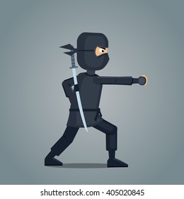 Illustration of an attacking ninja. Confident ninja in black clothing isolated on abstract background. Flat style vector illustration