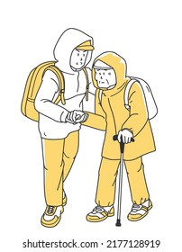 Illustration of the attire for evacuation due to heavy rain disaster (elderly person and young man)