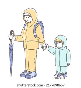 Illustration of the attire for evacuation due to heavy rain disaster (mother and child)