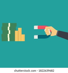 illustration of attracting money or sustenance, with drawing of a hand holding a magnet attracting lots of money, flat design vector