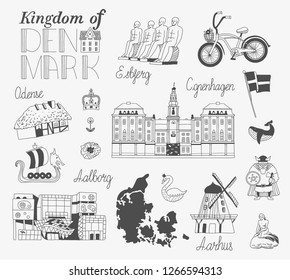 Illustration with attraction in Denmark. Set of house, palace, windmill, monument. Template for card, poster. banner, print for t-shirt, pin, badge, patch. 