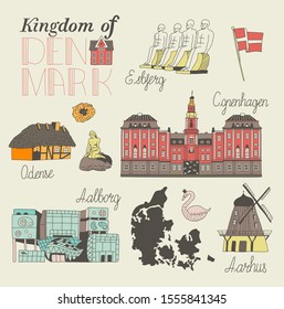 Illustration with attraction in Denmark. Set of house, palace, windmill, monument. Template for card, poster. banner, print for t-shirt, pin, badge, patch. 