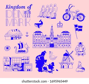 Illustration with attraction in Denmark. Set of house, palace, windmill, monument. Template for card, poster. banner, print for t-shirt, pin, badge, patch. 