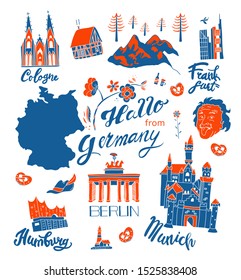 Ilustración con atracción en Alemania. Conjunto de edificios, Alpes, cerveza, pretzel, arquitectura. Plantilla para tarjeta, afiche. banner, imprimir para t-pantalones, pin, placa, parche.
