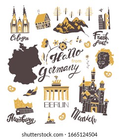 Illustration with attraction in Germany. Set of building, Alps, beer, pretzel, architecture. Template for card, poster. banner, print for t-shirt, pin, badge, patch.
