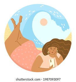 Illustration of a attractive chubby girl with a phone lies on the beach. Summer mood. Composition in a circle. Simple flat style. Suitable for icons, banners, flyers.