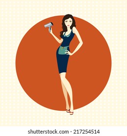 Illustration of attractive girl hairdresser with dryer on orange background
