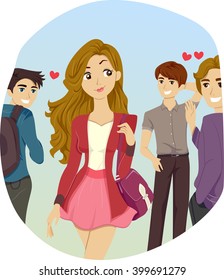 Illustration of an Attractive Teenage Girl Receiving Lots of Male Attention