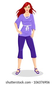 Illustration of an attractive woman posing in purple dress