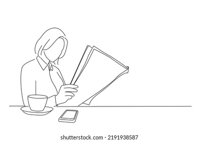 Illustration attractive young business woman reading newspaper at outdoor cafe  Outline drawing style art
