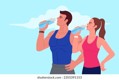 Illustration of attractive young couple drinking water after a workout. Refresh and rejuvenate, fitness, wellness, self-care, healthy habits, active lifestyle, and the importance of staying hydrated