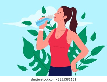 Illustration of an attractive young woman drinking water after a workout. Refresh and rejuvenate, fitness, wellness, self-care, healthy habits, active lifestyle, and the importance of staying hydrated